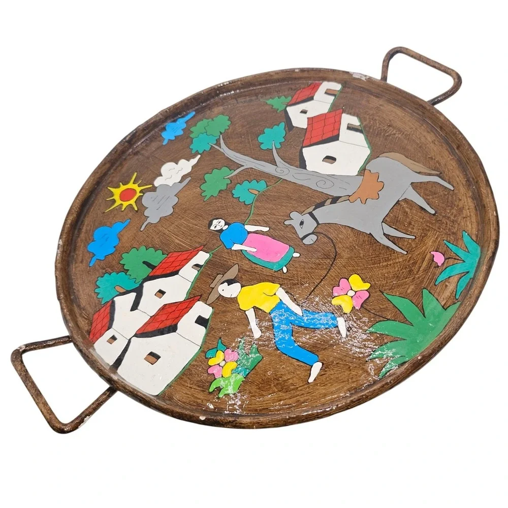 Vintage‎ El Salvador Hand Painted Folk Art Serving Tray Village Scene Donkey